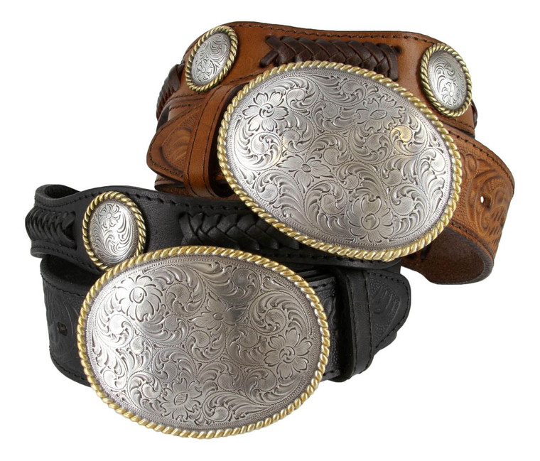 Del Rio Western Conchos Floral Engraved Full Grain Leather Belt 1-1/2" (38mm) Wide