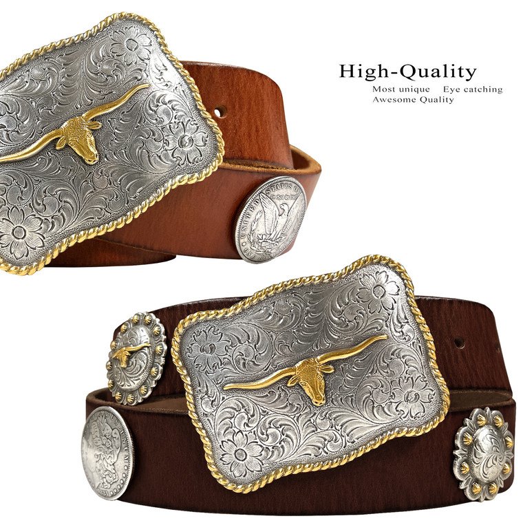 Houston Gold Longhorn Buckle Conchos Belt Genuine Full Grain Leather Belt 1-1/2"(38mm) Wide