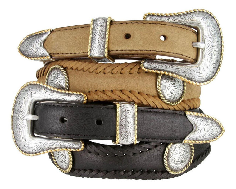 Baron Gold Rope Edge Conchos Crazy Horse Scalloped Genuine Leather Western Belt 1"(25mm) Wide