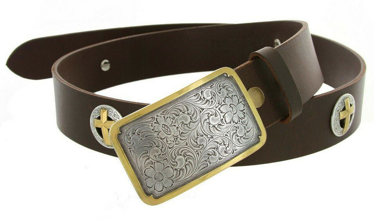 Western Floral Engraved Buckle Gold Cross Conchos Full Grain Leather Belt 1-1/2"(38mm) Wide