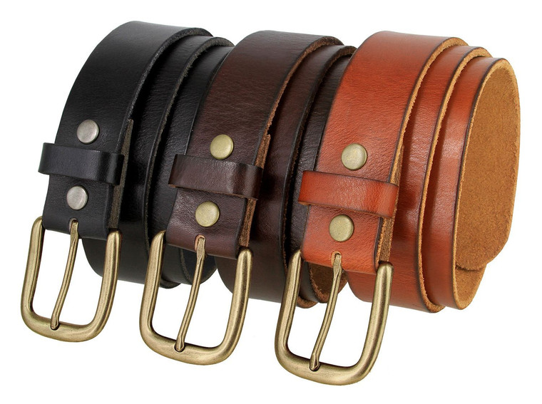 Antique Gold Classic Buckle Genuine Full Grain Leather Casual Jean Belt 1-1/2"(38mm) Wide