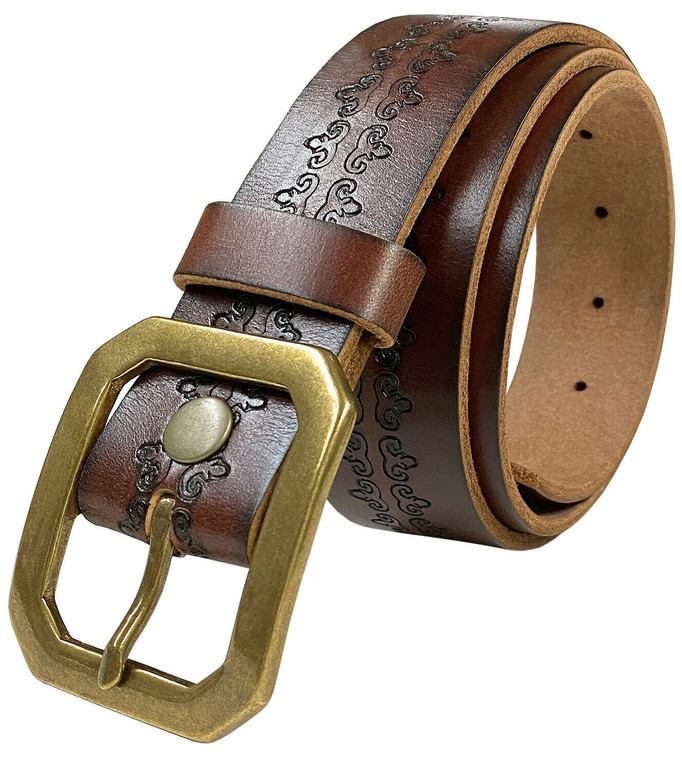 Antique Bass Buckle Western Vintage Full Grain Leather Belt 1-1/2"(38mm) Wide