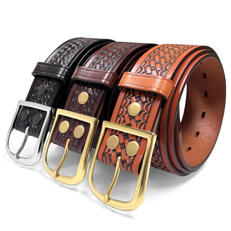 Uniform Work Belt Basketweave One Piece Full Grain Cowhide Leather Belt 1-3/4"(45mm) Wide