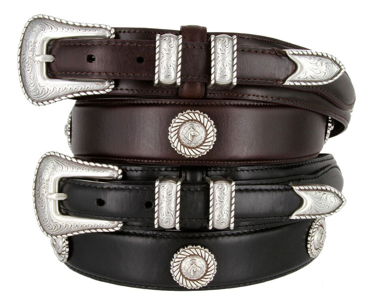 Antique Silver Horse Head Conchos Belt Western Oil Tanned Genuine Leather Ranger Belt