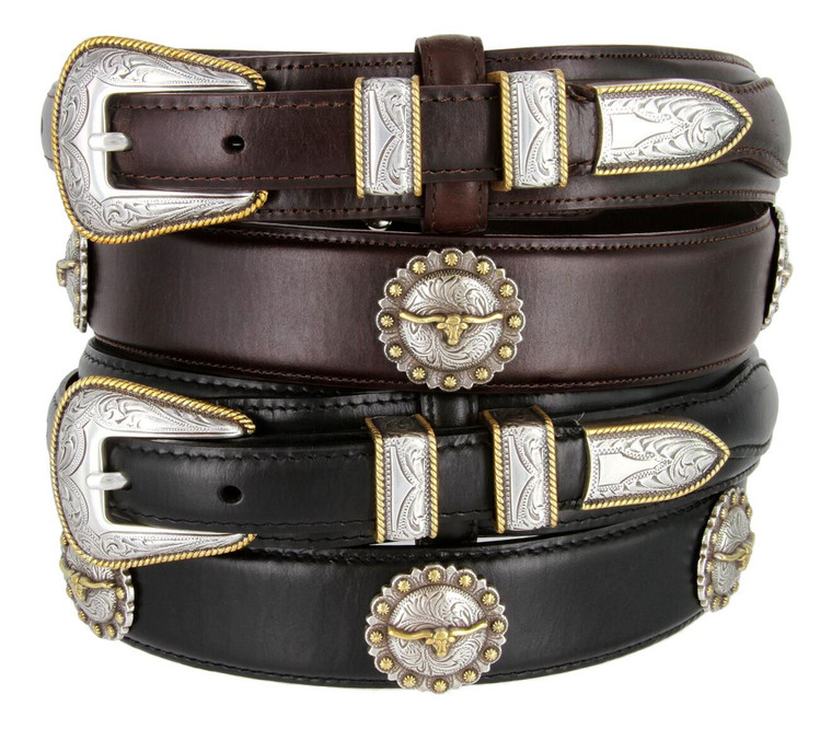 Gold Longhorn Steer Conchos Belt Oil Tanned Genuine Leather Ranger Belt