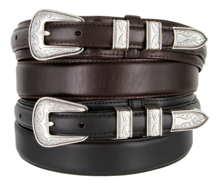 S5664 Silver Engraved Western Buckle Oil Tanned Genuine Leather Ranger Belt