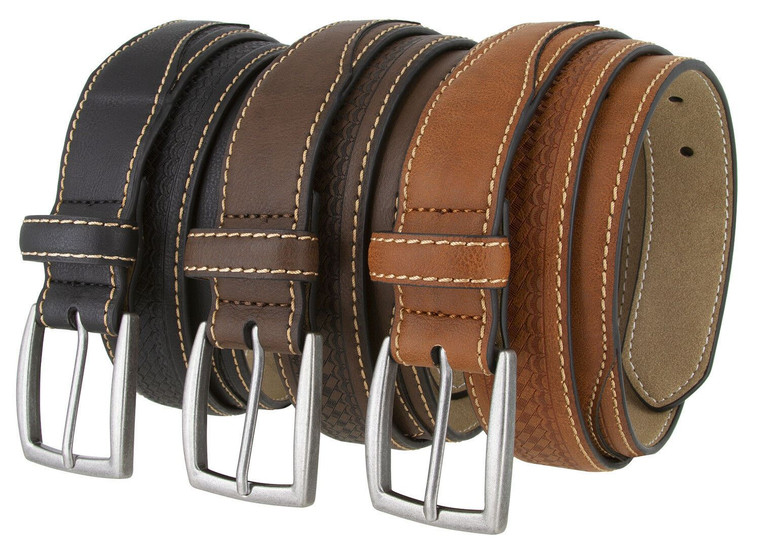 352079 Basketweave Engraved Vegan Synthetic Leather Belt 1-3/8" Wide