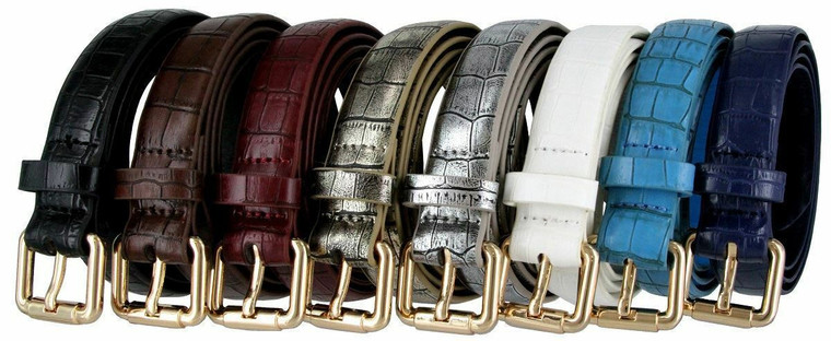 7075 Women's Belt Alligator Embossed Leather Casual Dress Skinny Belt 1"(25mm) Wide