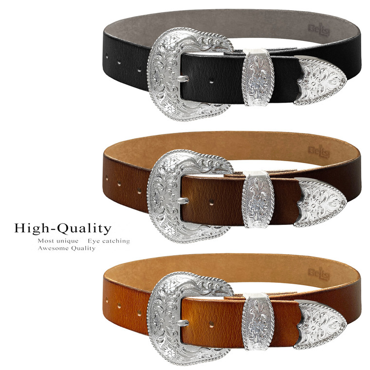 Western Bright Silver Floral Engraved Buckle Genuine Full Grain Leather Casual Jean Belt 1-1/2"(38mm) Wide