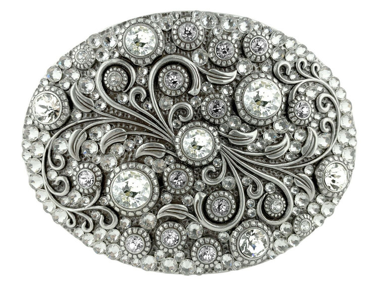 Rhinestone Crystal Belt Buckle Antique Oval Floral Engraved Buckle - Silver-Full Crystal