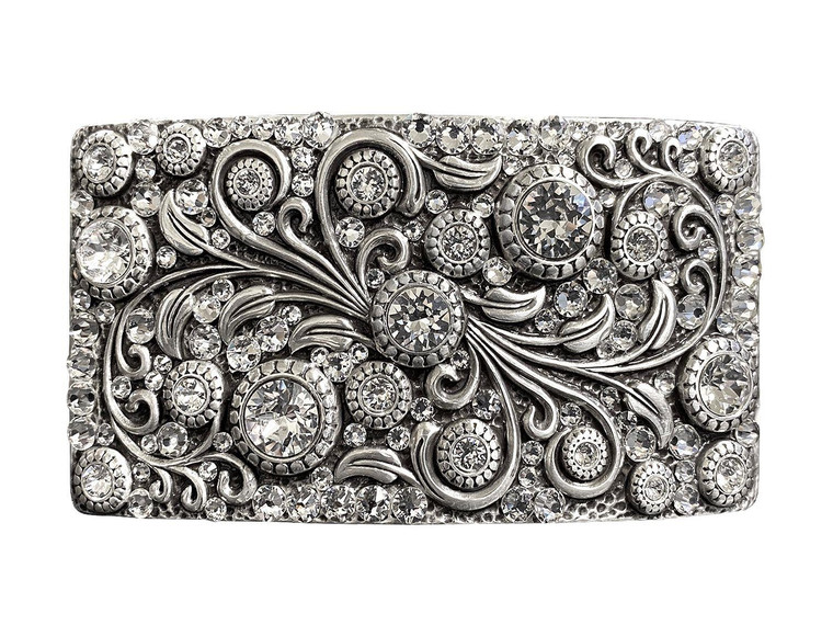 HA0850 LASRP Rhinestone Crystal Belt Buckle Antique Rectangle Floral Engraved Buckle - Silver-Full Crystal