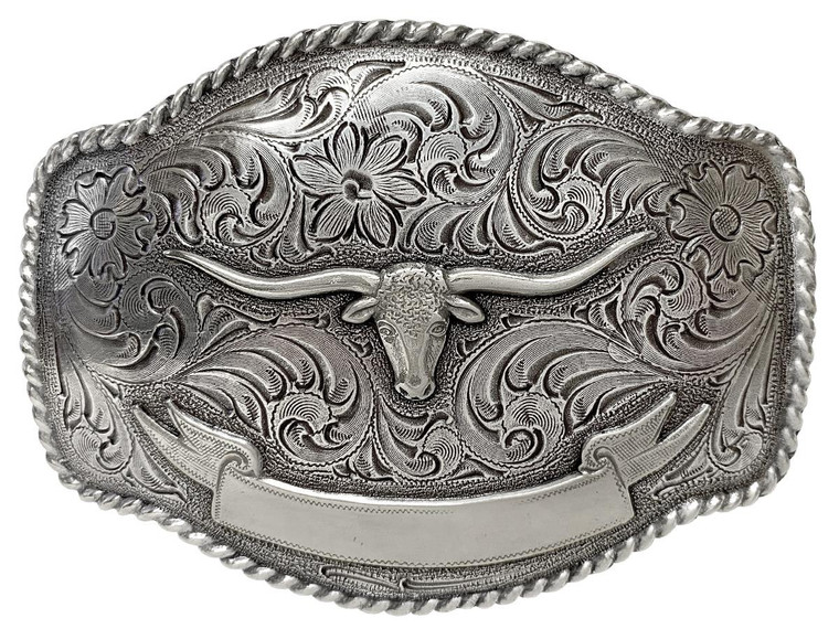 HA0435 Antique Silver Longhorn Steer Engraved Western Rope Belt Buckle