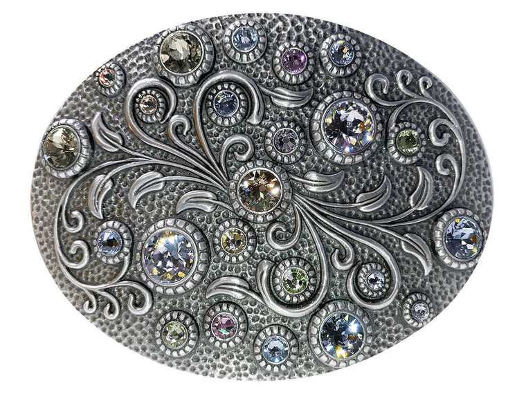 Rhinestone Crystal Belt Buckle Antique Oval Floral Engraved Buckle - Silver-Crystal Paradise Shine
