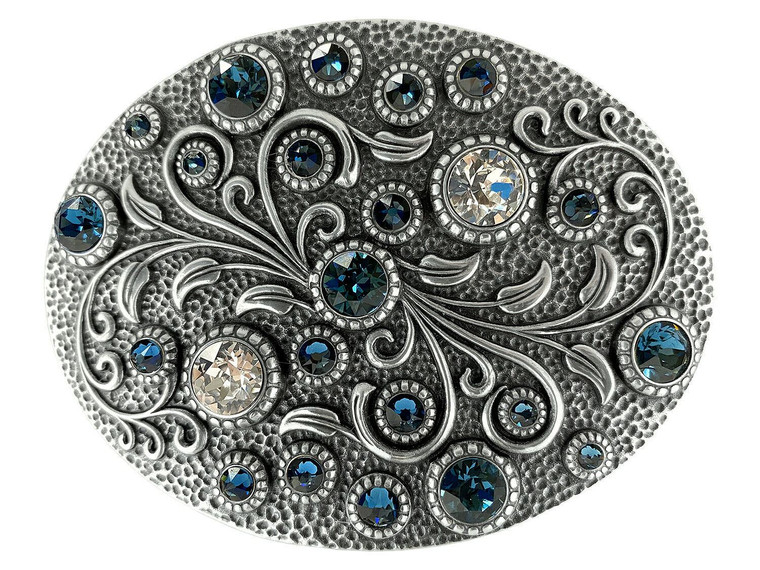 Rhinestone Crystal Belt Buckle Antique Oval Floral Engraved Buckle - Silver-Montana