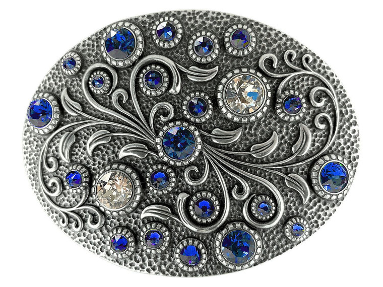 Rhinestone Crystal Belt Buckle Antique Oval Floral Engraved Buckle - Silver-Sapphire