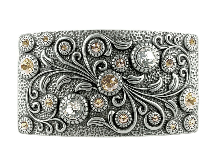 Rhinestone Crystal Belt Buckle Antique Oval Floral Engraved Buckle -Light Silk