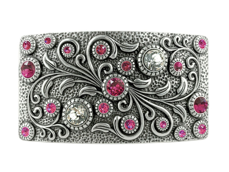 Rhinestone Crystal Belt Buckle Antique Oval Floral Engraved Buckle -Silver-Fuchsia