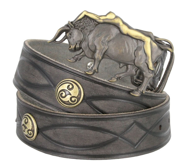 Lady Bull Buckle Celtic Conchos Full Grain Leather Hand Tooled Engraved Gray Belt 1-1/2"(38mm)