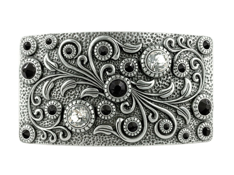 Rhinestone Crystal Belt Buckle Antique Oval Floral Engraved Buckle -Silver-Crystal Jet