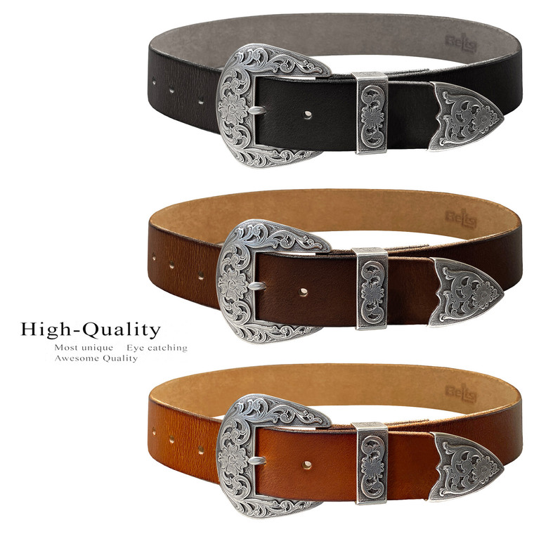 S5359 Western Antique Floral Engraved Buckle Genuine Full Grain Leather Casual Jean Belt 1-1/2"(38mm) Wide