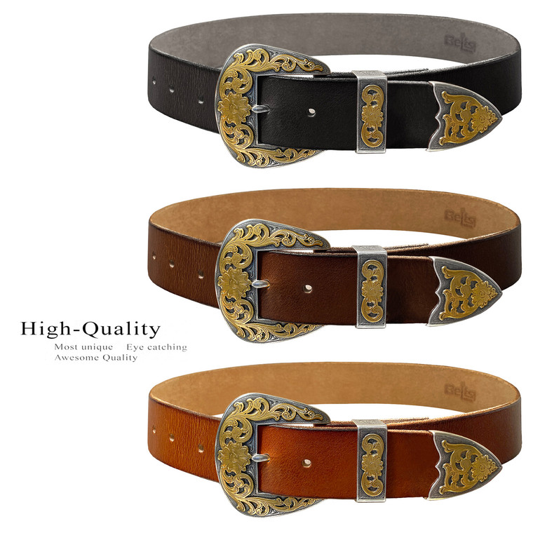 Golden Western Antique Gold Floral Engraved Buckle Genuine Full Grain Leather Casual Jean Belt 1-1/2"(38mm) Wide