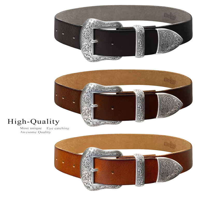 S5732 Western Antique Floral Engraved Buckle Genuine Full Grain Leather Casual Jean Belt 1-1/2"(38mm) Wide
