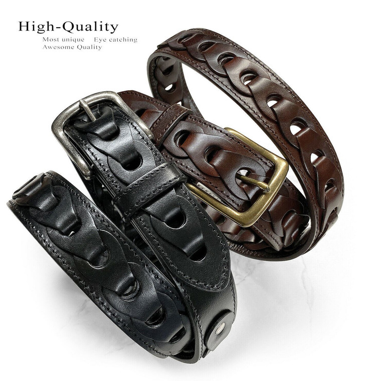 Classic Antique Buckle Linked Belt Genuine Full Grain Cowhide Leather Belt 1-1/2"(38mm) Wide