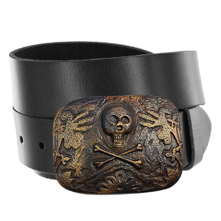 Vintage Antique Brass Skull Engraved Buckle Genuine Full Grain Leather Casual Jean Belt 1-1/2"(38mm) Wide