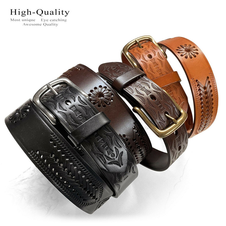 2287 Western Hand-Woven Braided Basketweave Genuine Full Grain Leather Casual Jean Belt 1-1/2"(38mm) Wide