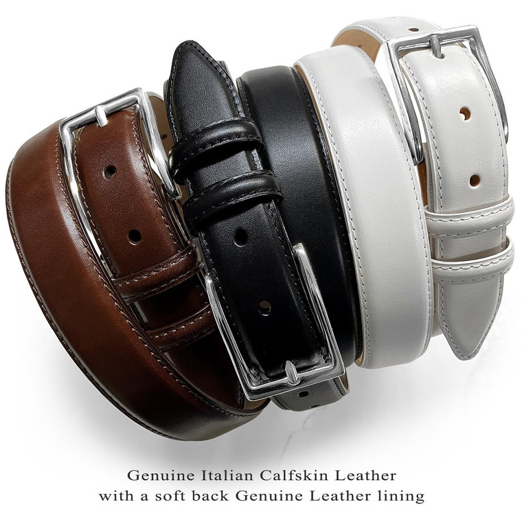 Silver Adam Solid Brass Buckle Genuine Full-Grain Cowhide Leather Dress Belt 1-1/8"(30mm) Wide