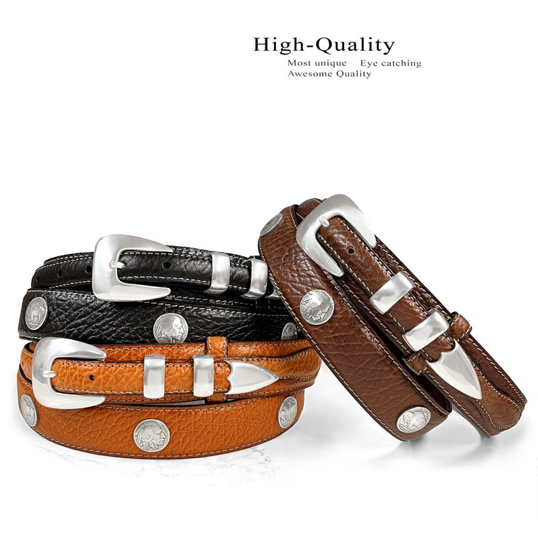 Buffalo Indian Head Coin Conchos Bison Leather Western Ranger Belt