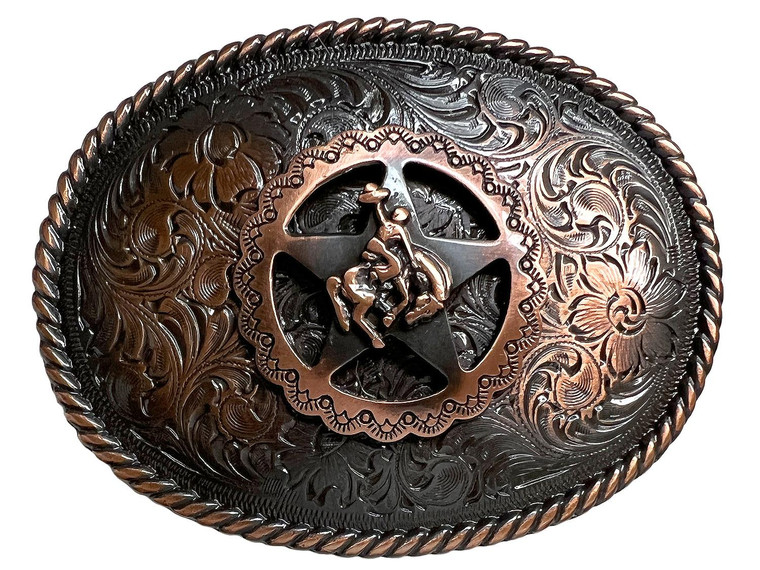 Western Copper Bronco Rider Star Rope Edged Floral Engraved Belt Buckle