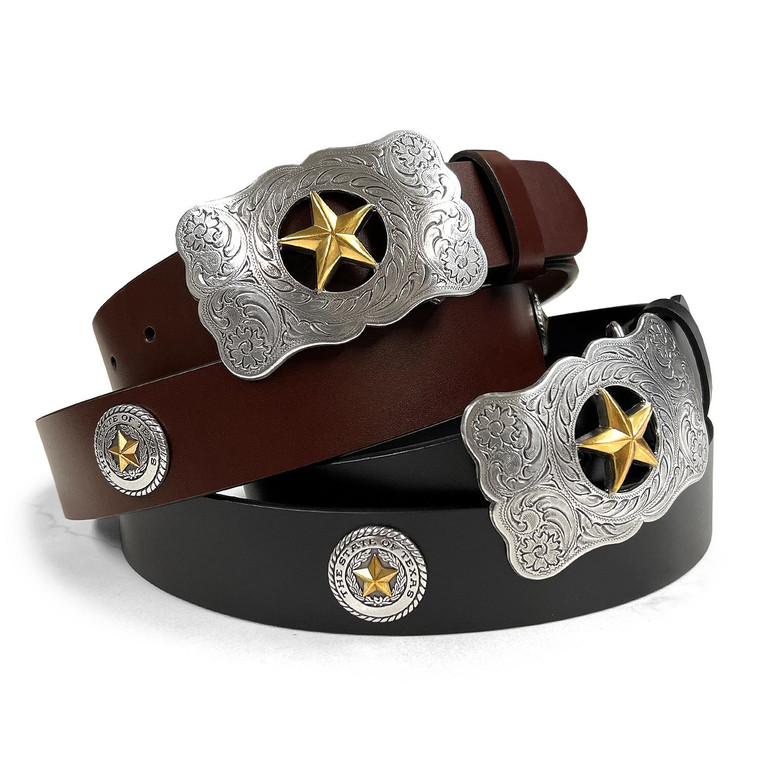 Texas Star Conchos Belt Genuine Full Grain Leather Western Belt 1-3/8"(35mm) Wide