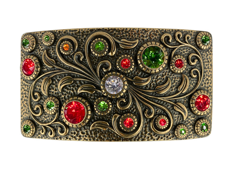 Rhinestone Crystal Belt Buckle Antique Brass Rectangle Floral Engraved Buckle