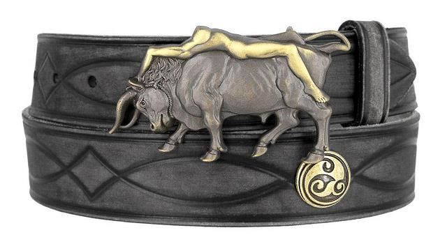 Lady Bull Buckle Celtic Conchos Full Grain Leather Hand Tooled Engraved Black Belt 1-1/2"(38mm)