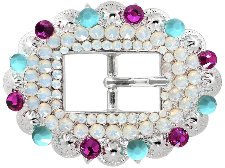Rhinestone Bridle Headstall Center Bar Buckle Fits ¾" to 1" Wide Belt Strap (WhiteOpal-Fuchsia-Turquoise)