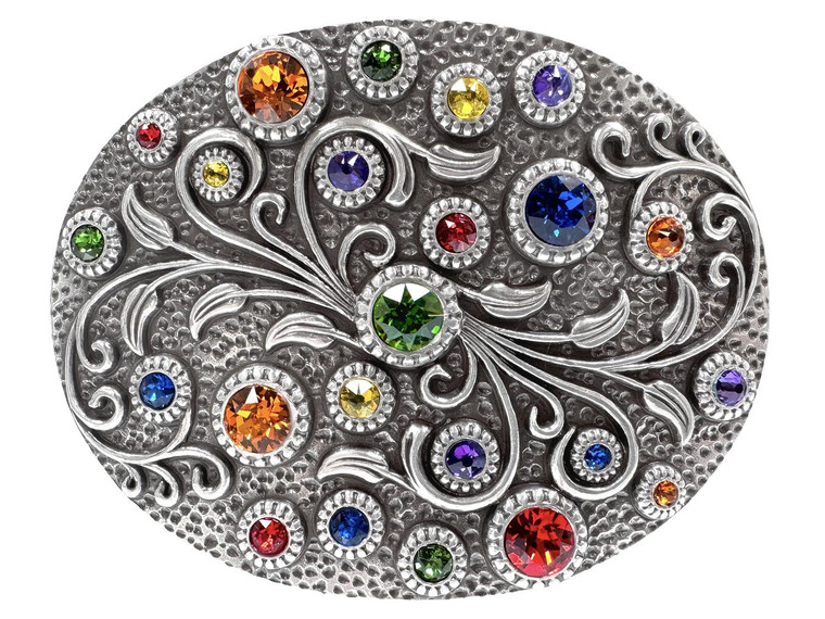 Rhinestone Crystal Oval Belt Buckle Antique Silver Floral Engraved Buckle (Capri Blue-Fern Green-Lt Siam-Citrine-Heliotrope-Tangerine)