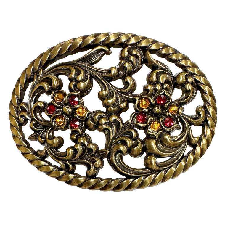 Antique Brass Flower Engraved Rhinestone Buckle Fits 1-1/2"(38mm) Belt (Scarlet - Topaz)