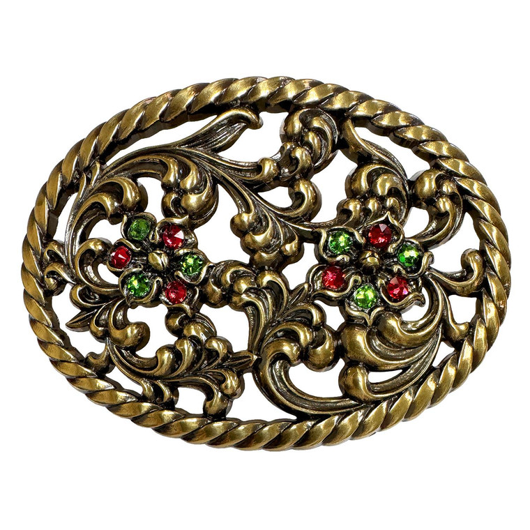 Antique Brass Flower Engraved Rhinestone Buckle Fits 1-1/2"(38mm) Belt (Scarlet - Fern Green)