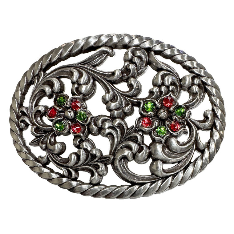 Antique Silver Flower Engraved Rhinestone Buckle Fits 1-1/2"(38mm) Belt (Scarlet - Fern Green)