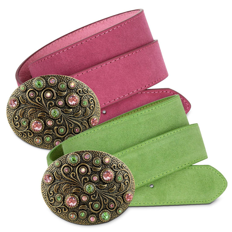 Rhinestone Crystal Antique Brass Oval Floral Engraved Genuine Suede Leather Belt 1-1/2"(38mm) Wide