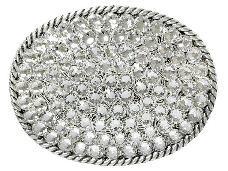 Western Antique Silver Engraved Rhinestone Crystal Belt Buckle Fits 1-1/2"(38mm) Wide Belt (Crystal)