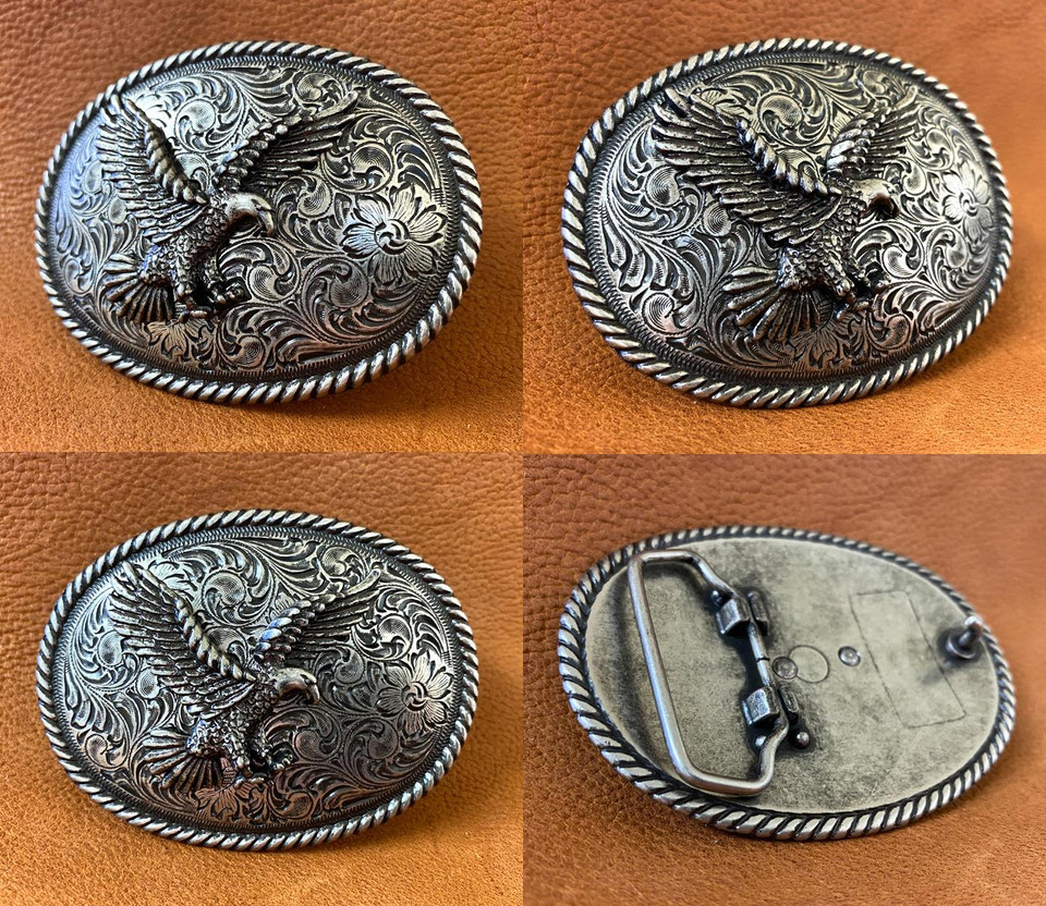 Western Antique Silver Engraved American Eagle Belt Buckle