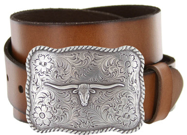 Western Leather Belt with Interchangeable Longhorn Buckle Unisex Classic Style Men main image 3