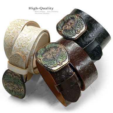 Genuine Full Grain Western Floral Engraved Tooled Leather Rhinestone Buckle  Belt 1-1/2(38mm) Wide 