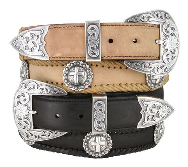 Ceinture Femme En Cuir Argenté Métallisé Avec Boucle Rhinestone Croix - Taille M/L, Style Western/biker