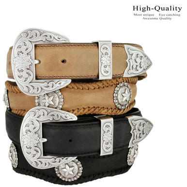 Silver Abilene Star Conchos Crazy Horse Scalloped Genuine Leather Western  Belt 1-1/2