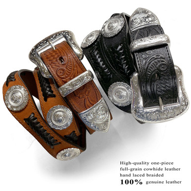 Western Conchos Belt Floral Engraved Hand Laced Braided  display picture 1
