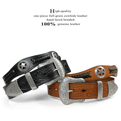 NWOT leather belt flower/star embellishments Antique Floral Engraved Western Buckle Ranger Star Conchos  main image 3