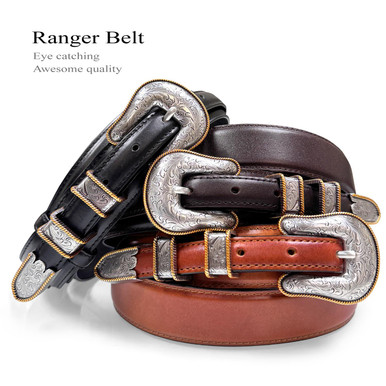 Genuine Leather Western Ranger Belt - 1-3/8” Tapers To 3/4”, Antique Silver Buckle & Conchos, Size 40